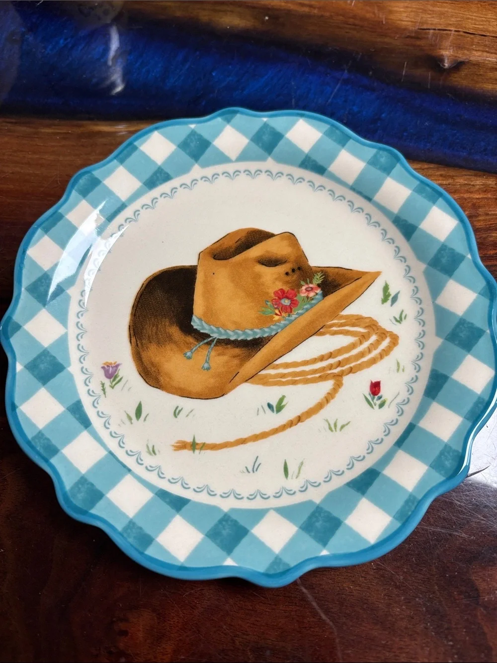 The Pioneer Woman Turquoise Check Scalloped Ceramic Plate with Cowboy Hat